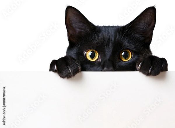 Fototapeta black cat peaking over a blank white sign board on a transparent background, cat hiding from a white banner png