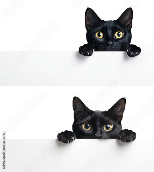 Fototapeta peaking black cat over a blank white sign board collection on a transparent background,