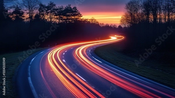 Fototapeta Motion Long exposure of a road with light trails of passing vehicles at night 