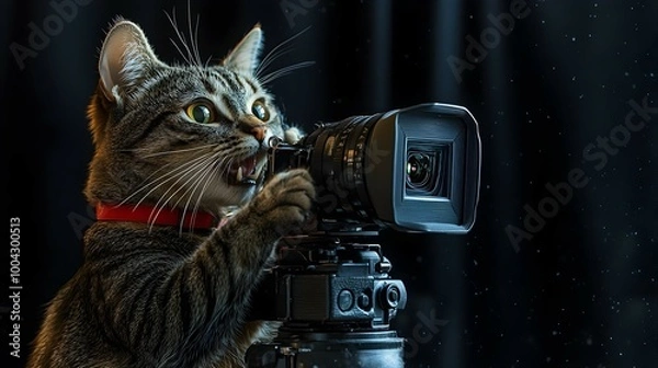 Fototapeta Feline Filmmaker:Cat Director Capturing the Shot with on a Minimalistic Pop Art Background