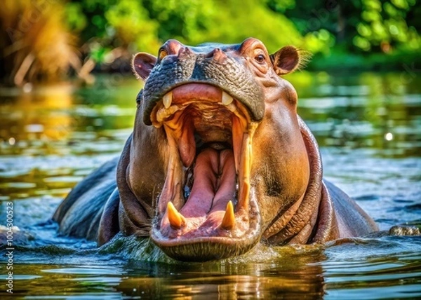 Fototapeta Hippo with Open Mouth in Natural Habitat Displaying Powerful Jaws and Unique Facial Expression