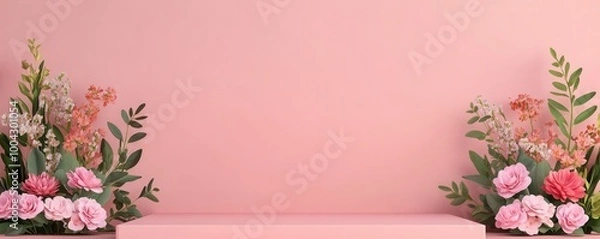 Fototapeta A beautiful arrangement of flowers against a soft pink background, perfect for spring themes and floral designs