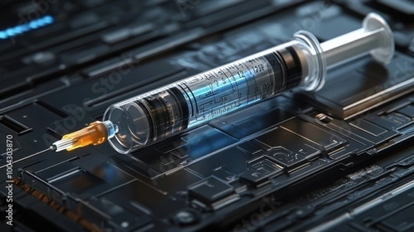 Fototapeta Syringe on Futuristic Circuit Board   Technological Advancement  Medical Innovation