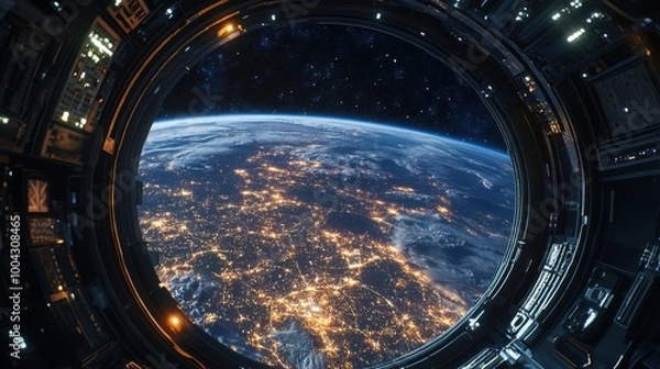 Obraz An astronaut looks at the Earth from inside a space station, with a view through a round window of the planet Earth, including the lights of cities, the night sky, outer space, and stars.
