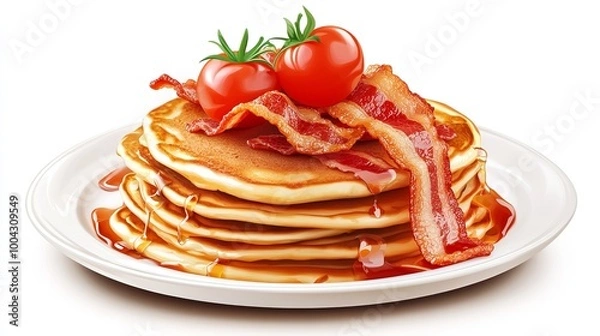 Fototapeta Pancakes with Bacon and Tomato on a Plate - Vector on White Background