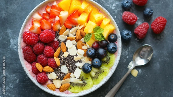 Fototapeta A smoothie bowl topped with assorted fruits, seeds, and nuts, showcasing a colorful design.