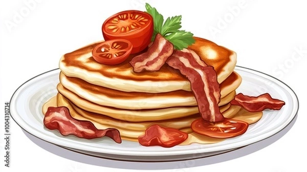 Fototapeta Pancakes with Bacon and Tomato on a Plate - Vector on White Background