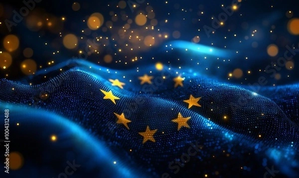 Fototapeta Glowing European Union Flag in Digital Art, AI generated illustration
