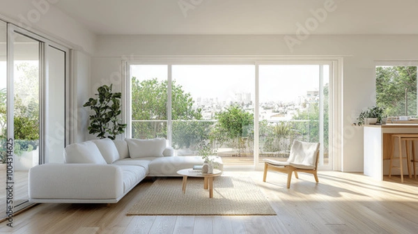 Fototapeta A bright and airy living room features white sectional sofa, wooden chair, and round coffee table. Large windows offer view of greenery outside, creating serene atmosphere