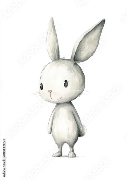 Fototapeta Charming light gray bunny child standing playfully against a clean white backdrop