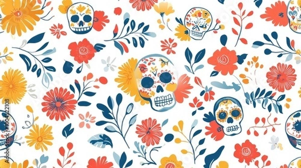 Fototapeta Pattern Illustration of Mariachi Music Elements, Skulls, and Flowers in Traditional Mexican Art Style