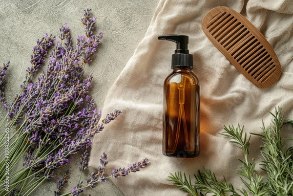 Fototapeta A spray bottle of hair mist is elegantly placed on linen cloth, surrounded by fresh lavender and rosemary. calming colors and natural elements create serene atmosphere