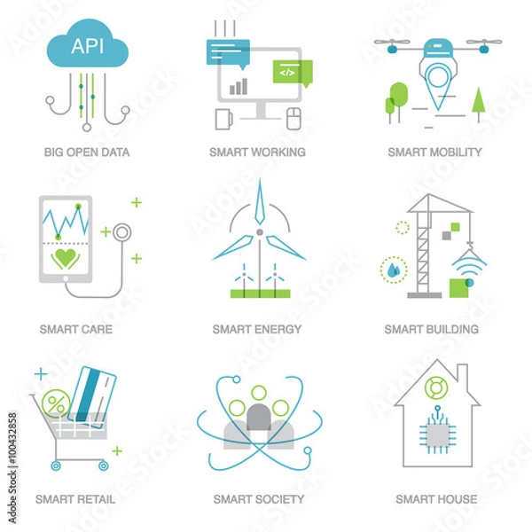 Fototapeta Smart city and internet of things line icons.