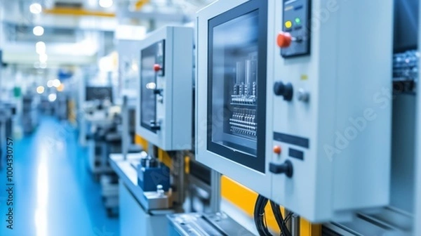 Fototapeta A close-up view of industrial control panels in a high-tech manufacturing facility showcasing automation technology
