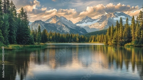 Fototapeta Tranquil alpine lake surrounded by dense coniferous forest towering snow capped mountains in the distance soft golden hour lighting creating a serene and reflective surface