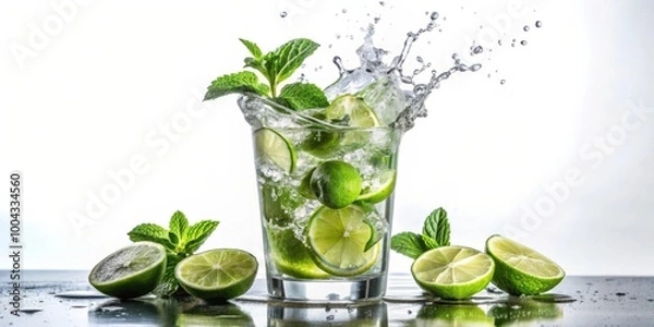 Fototapeta Mojito cocktail with lime and mint splashing in a glass on white background