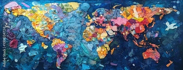 Obraz World Map Created from Ocean Plastic Waste, AI generated illustration