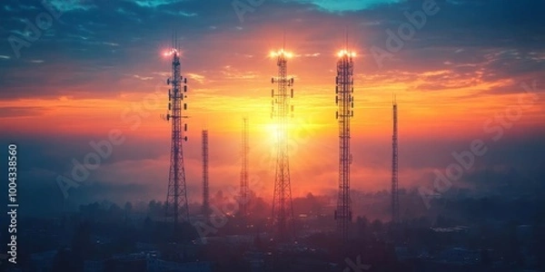 Fototapeta Telephony cell tower networks in telecommunication, showcasing radiating signals and robust voice communication.