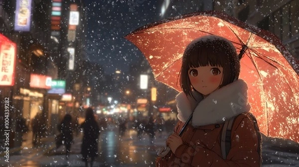 Fototapeta A girl in the city, walking with an umbrella under heavy snowfall, in the style of watercolor