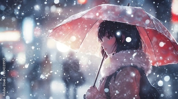 Fototapeta A girl in the city, walking with an umbrella under heavy snowfall, in the style of watercolor