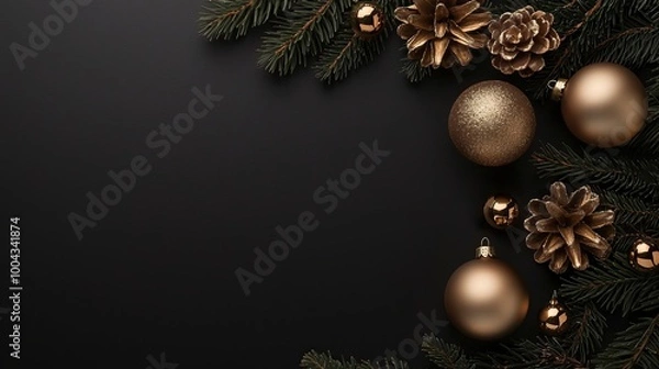 Fototapeta Happy New Year and Christmas. Festive composition. New Year's design. Shiny golden balls, fir branches, confetti and baubles. Christmas background.