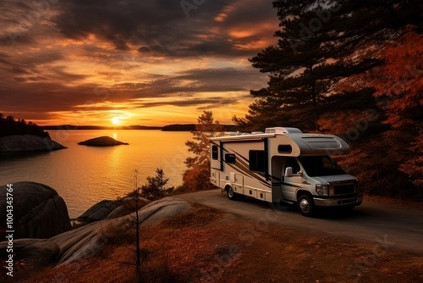 Obraz Autumn adventure  rv camping by the colorful lake with fishing, scenic mountains and trees
