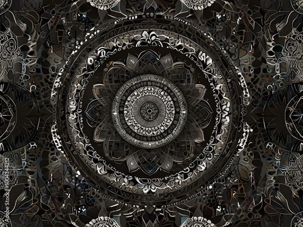Fototapeta A intricately detailed black and white illustration featuring the Fruit of Life, a mandala-inspired composition of overlapping circles, set against a backdrop of layered geometric patterns