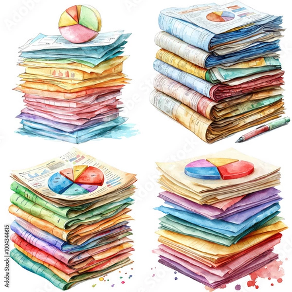 Fototapeta Stack of Business Documents with Colorful Pie Charts