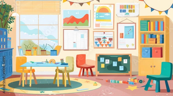 Fototapeta Vibrant Classroom Decorated with Educational Charts and Posters