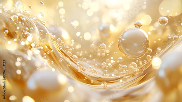 Obraz Luxurious Niacinamide Molecules as Shimmering Pearls in Golden Liquid Flow for Radiant Skin