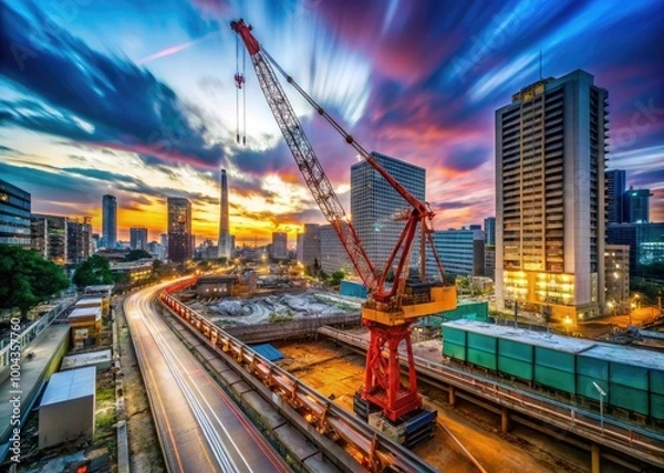 Fototapeta Timelapse of Construction Crane Moving at a Building Site in Yokohama, Japan, Wide Angle Shot