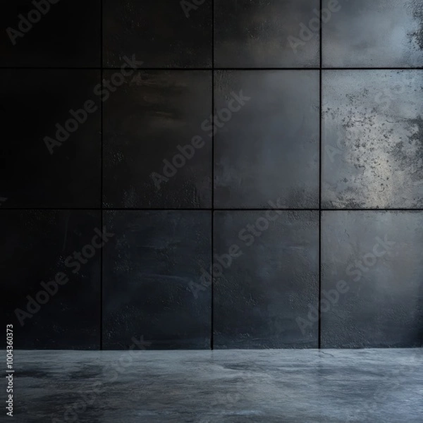 Fototapeta A black wall with a grey floor. The wall is made of metal and has a greyish color