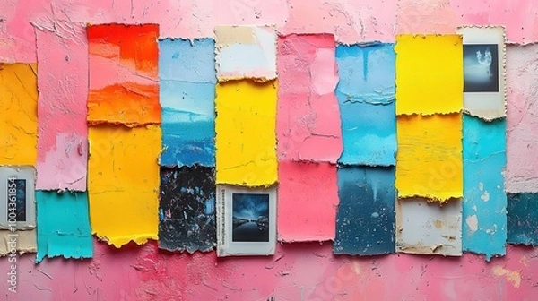 Fototapeta vibrant collage featuring retro polaroid photos neon duct tape frames quirky stickers torn paper edges playful composition on pastel background