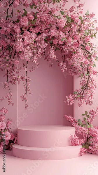 Obraz A beautiful 3D spring floral scene featuring pink podium surrounded by lush pink roses and delicate blossoms. This serene setting evokes sense of tranquility and elegance