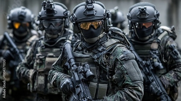 Fototapeta Armed tactical team in combat gear preparing for a mission.