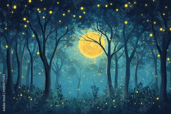 Fototapeta A Nighttime Forest Scene with a Full Moon and Fireflies