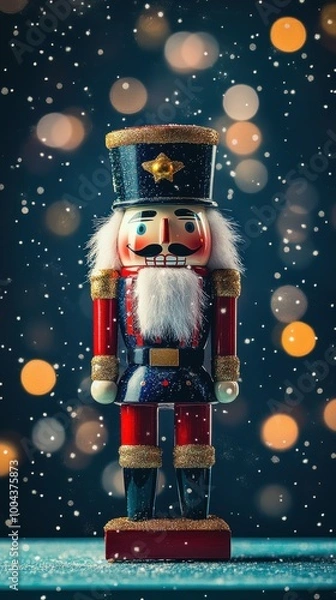Obraz Festive nutcracker figurine standing on a mint table, with a deep navy background and holiday bokeh, copy space, Merry Christmas background, traditional holiday decor, festive nutcracker display
