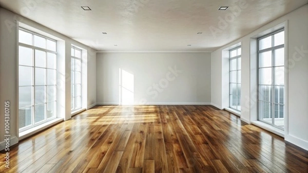 Fototapeta Empty Room Interior with Minimalistic Design, White Walls, and Wooden Floors
