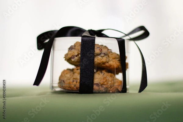 Fototapeta Close up of cookies packaged in a clear plastic case with a black ribon.