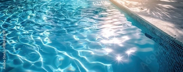 Fototapeta Serene blue water with shimmering reflections, capturing the tranquility of a refreshing swimming pool in the sunlight.