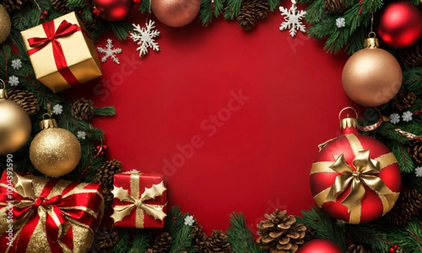 Fototapeta Magical Merry Christmas and Happy New Year background with snow-covered trees, glowing holiday lights, and shimmering decorations, perfect for creating an enchanting holiday greeting