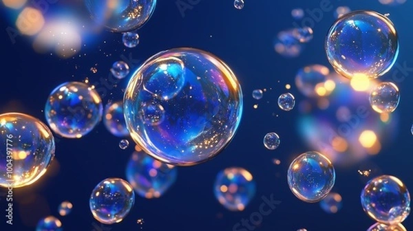 Fototapeta Colorful soap bubbles floating against a blue background with shimmering reflections and soft lighting effects in a playful display