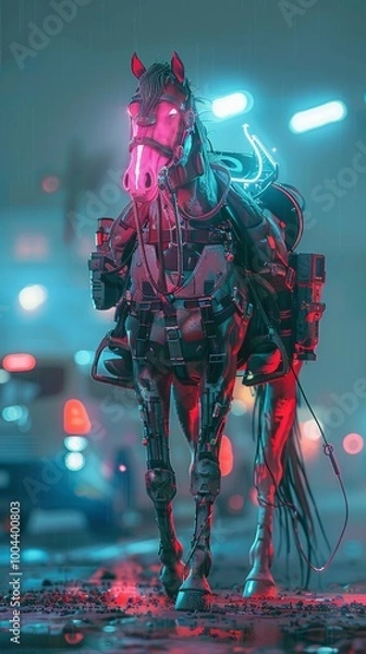 Fototapeta A horse with a glowing head and a chain around its neck