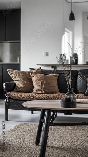 Fototapeta A cozy living room featuring stylish black sofa adorned with plush cushions, modern coffee table, and decorative vase. warm tones create welcoming atmosphere
