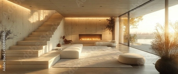 Fototapeta Modern Minimalist Living Room with Fireplace and Large Window