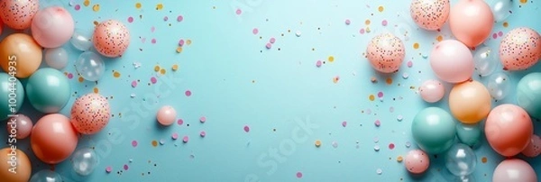 Fototapeta A frame of pastel-colored balloons and confetti on an aquamarine background, creating a festive atmosphere for celebration or special event