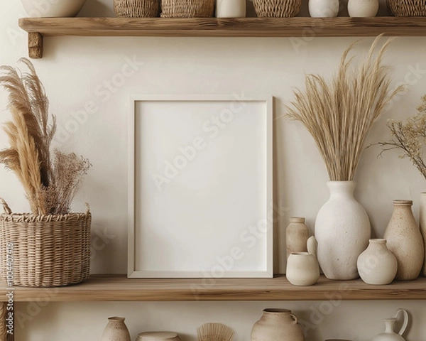 Fototapeta White empty frame mockup on shelf, decor, design, banner.    AI generation.