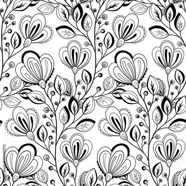 Fototapeta Vector Seamless Monochrome Floral Pattern