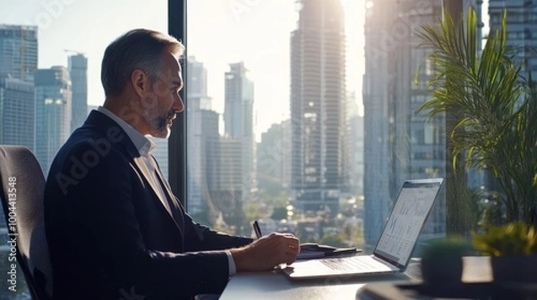 Fototapeta A business executive reviewing global financial data on a laptop, modern office with bright natural lighting and cityscape views