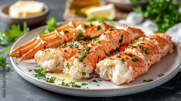 Fototapeta Closeup of vibrant king crab legs on a white plate with drawn butter, king crab legs, luxury seafood